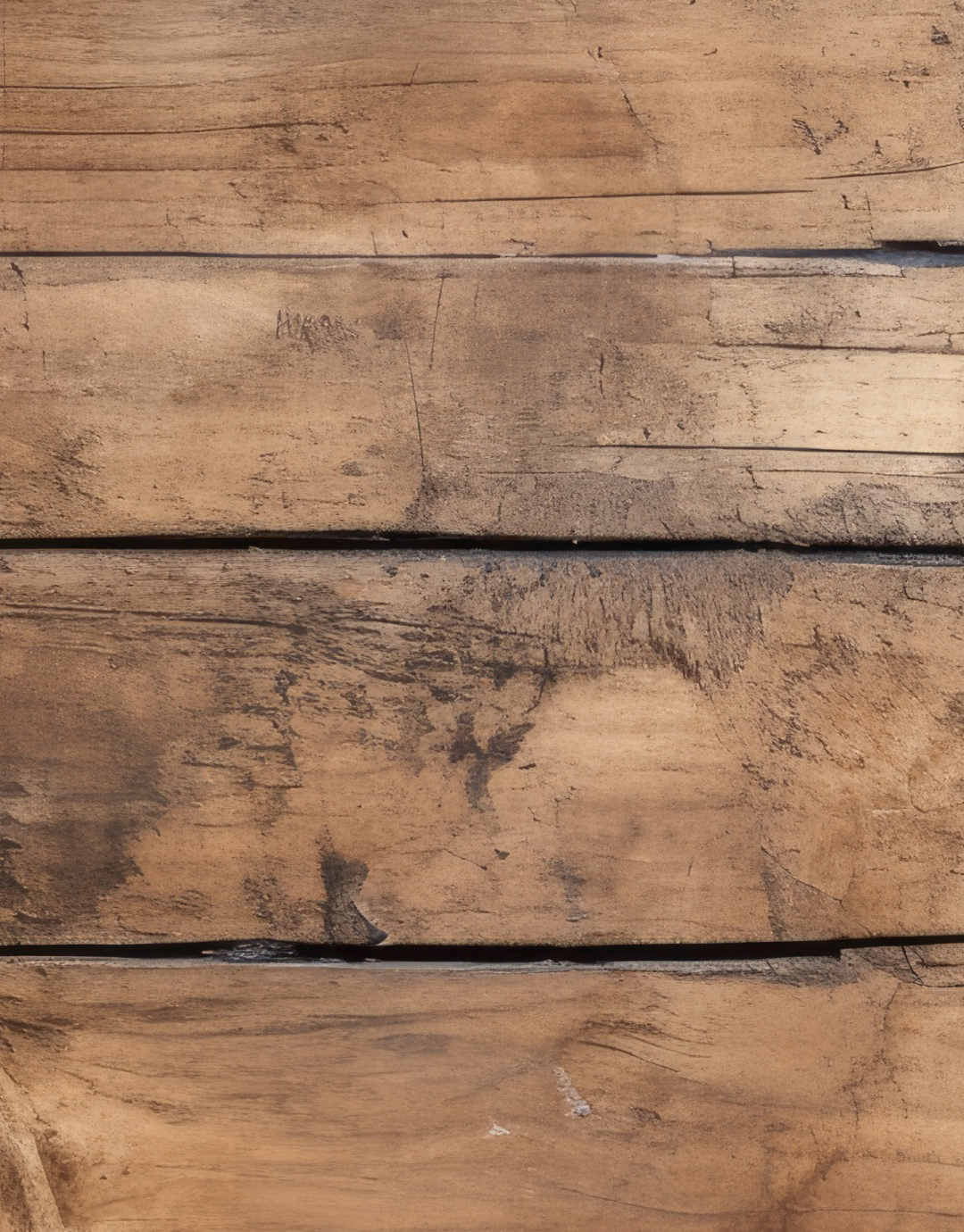 A detailed view of a section of aged plywood flooring, showcasing dirt and grime embedded in the wood grain. The weathered surface reflects years of use and neglect.