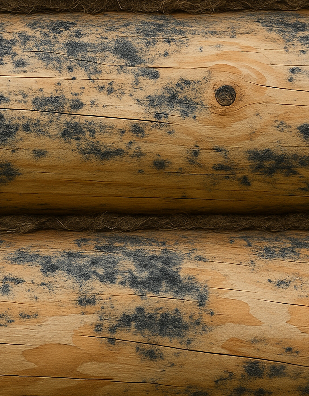 Black mold on wooden logs—moisture damage texture. Rustic timb