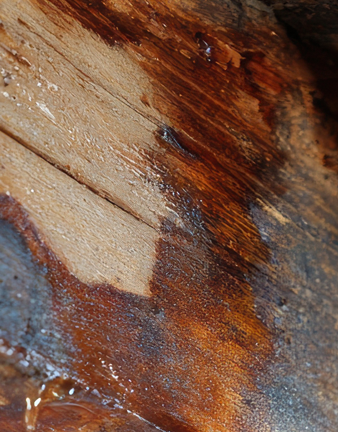 Attic beam with roof leak causing water drip and stain, conveying roof damage and urgent repair need. --ar 16:9 --v 7 Job ID: d6750a0a-08a1-4eec-87ce-903955800826
